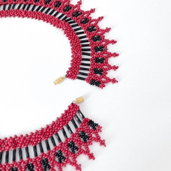 Handmade Womens Ukrainian Geometric Beaded Statement Collar Necklace Red Black - Picture 4 of 5